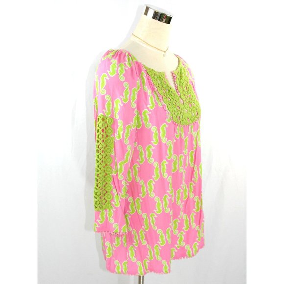 Crown & Ivy Small Seahorses Boho Poet's Blouse Tunic Top w Green Crochet Trim - Picture 3 of 9